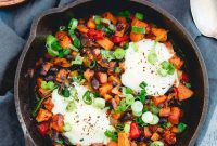 Spicy Harissa Sweet Potato Hash with Crispy Onions