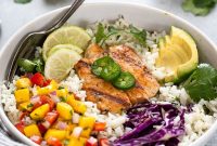 Cilantro Lime Fish Taco Bowls with Avocado Salsa