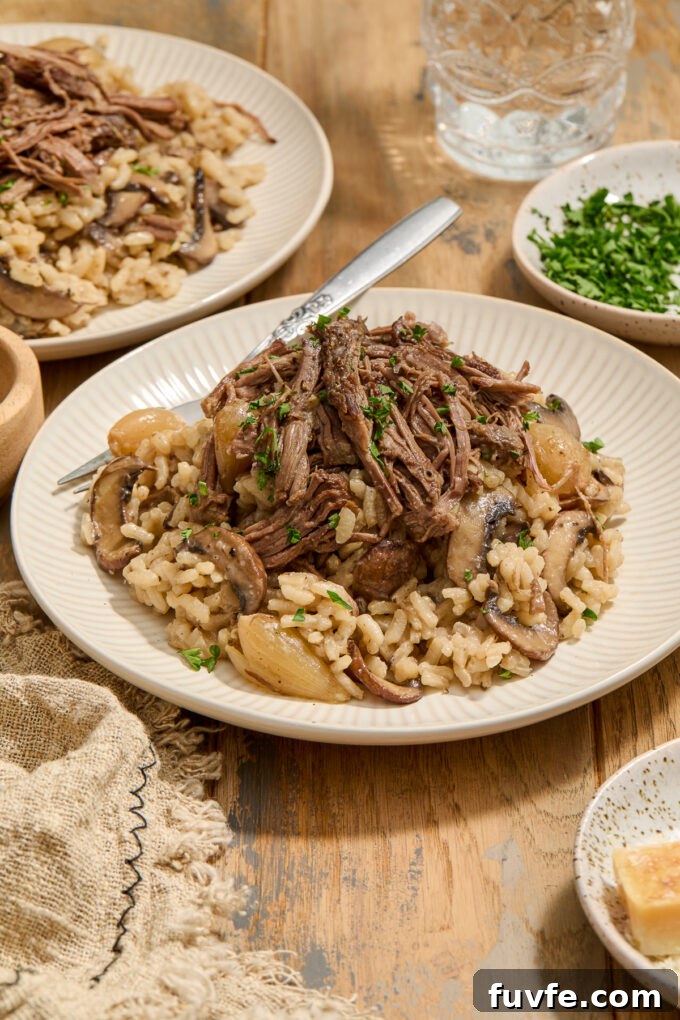Red Wine Braised Beef Short Rib Risotto 2 Plate of short rib risotto with parsley garnish.