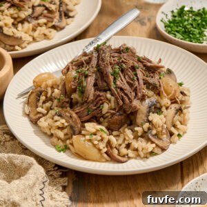 Red Wine Braised Beef Short Rib Risotto 10 Plate of short rib risotto with parsley garnish.