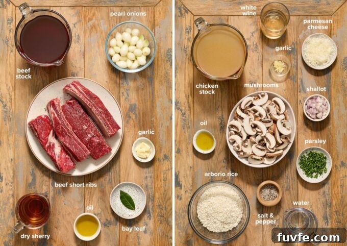 Red Wine Braised Beef Short Rib Risotto 4 Braised short rib mushroom risotto recipe ingredients labelled.