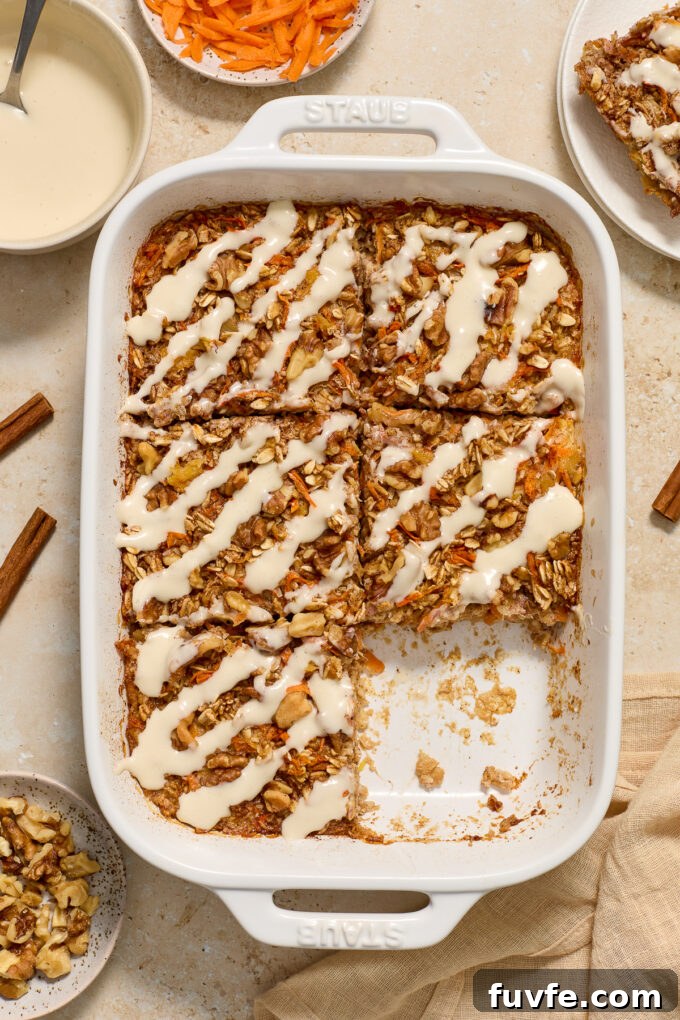 Carrot Cake Baked Oatmeal with Cream Cheese Glaze 3 Baked carrot oatmeal with cream cheese glaze.