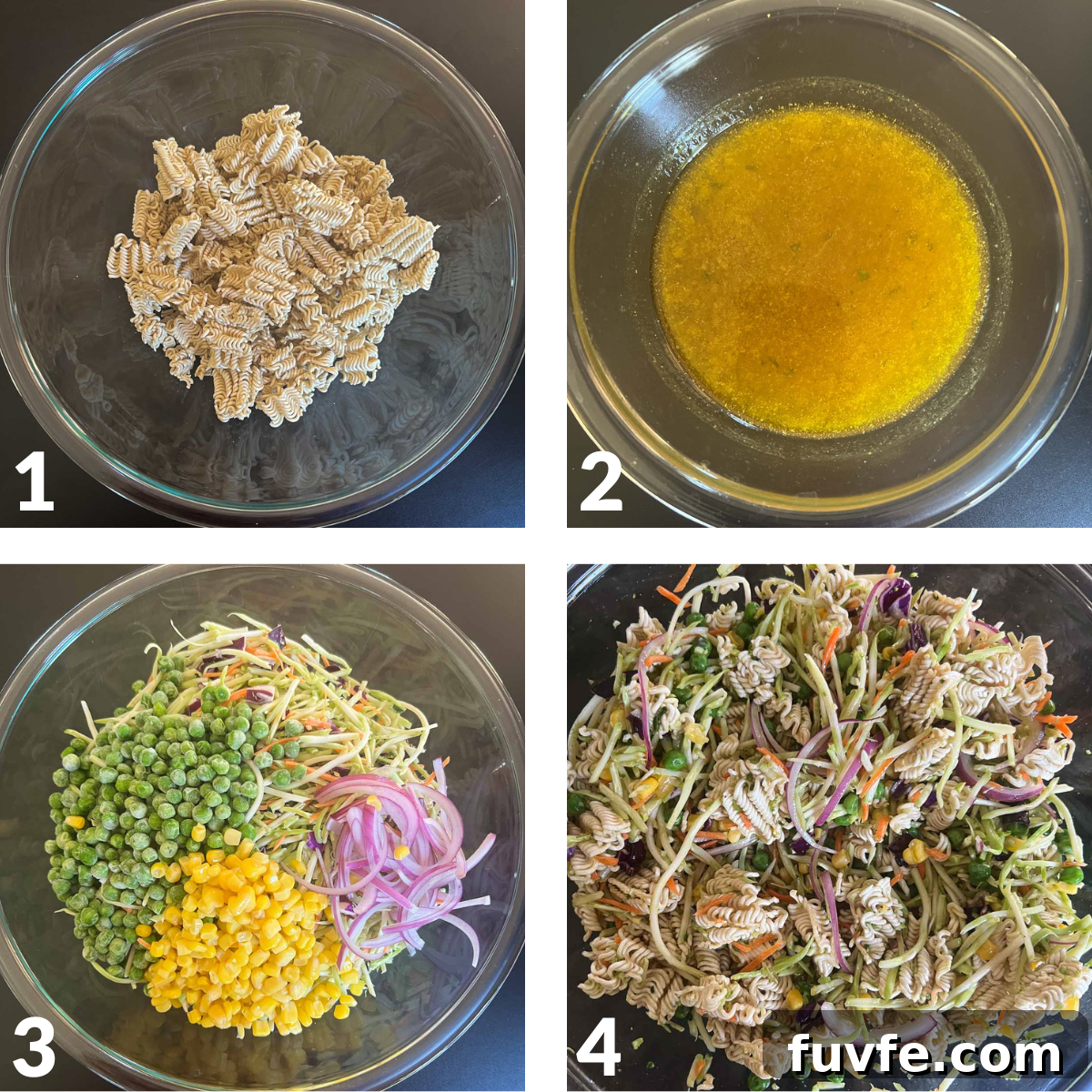 collage of images showing step by step recipe instructions for dump and done ramen salad