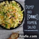dump and done ramen salad in black bowl with title written on chalkboard overhead shot