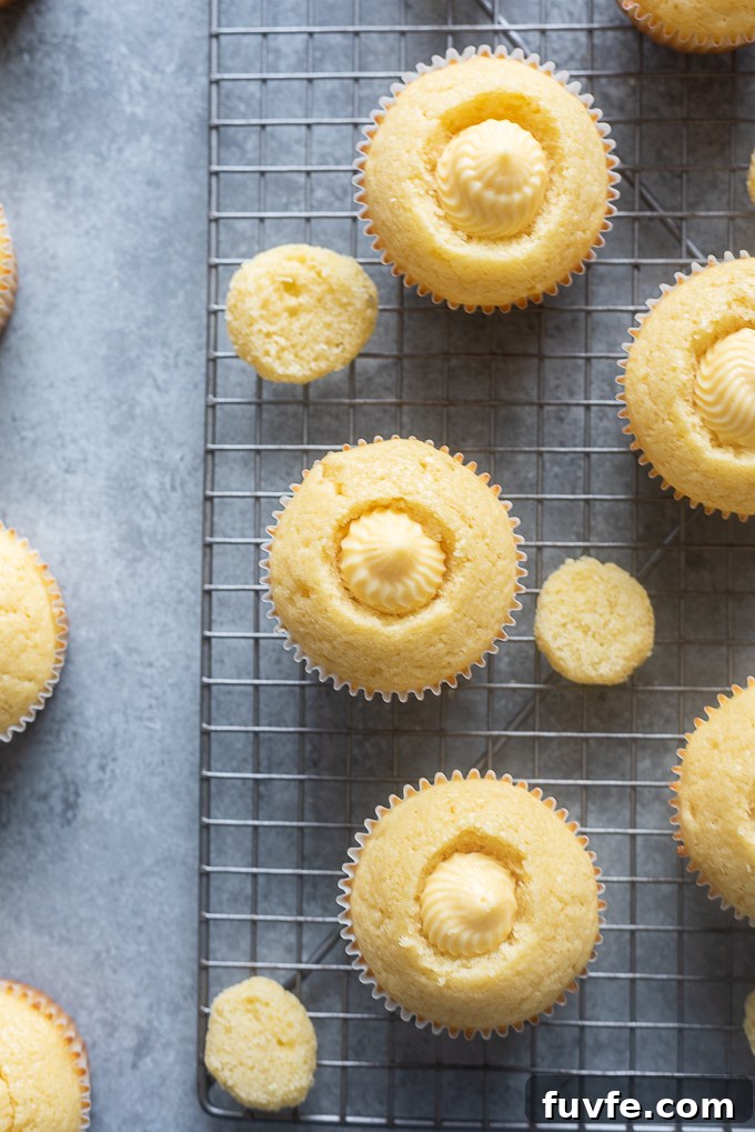 Vanilla cupcakes with pastry cream filling.