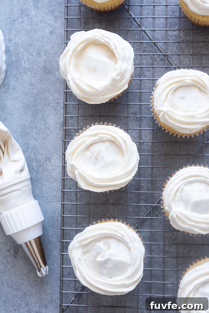 Vanilla cupcakes with whipped cream frosting.