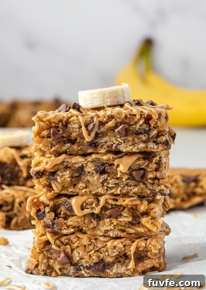 Stack of banana peanut butter oatmeal bars