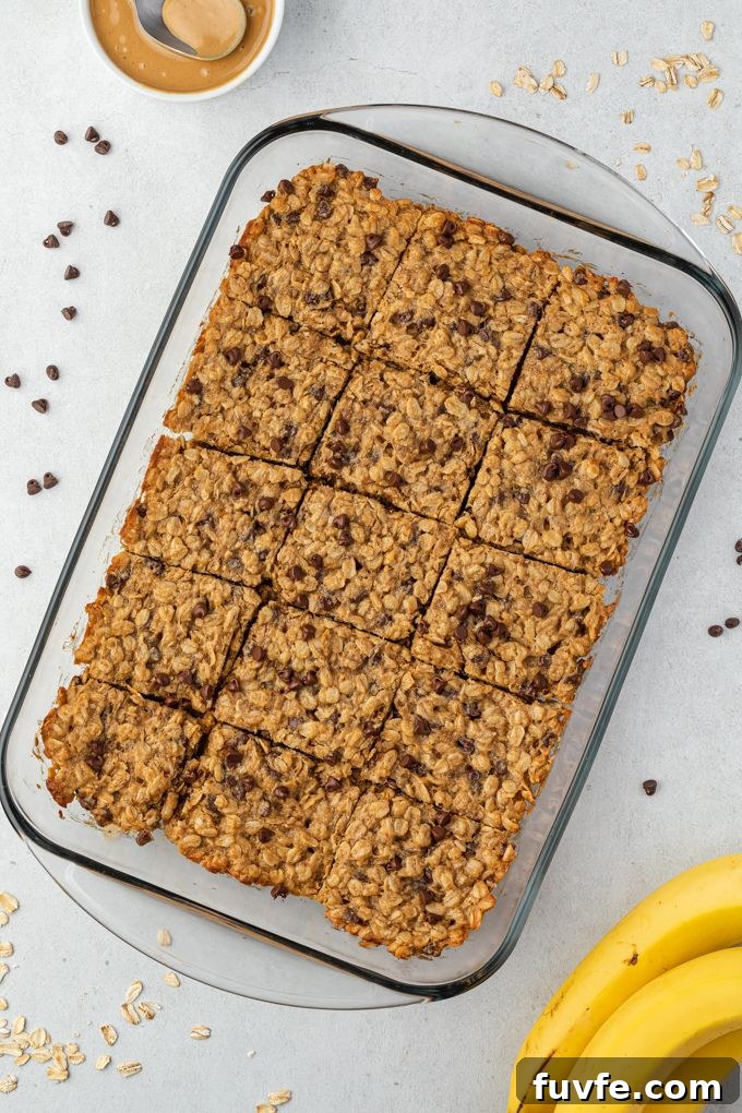 Peanut butter oat bars cut into squares in baking dish