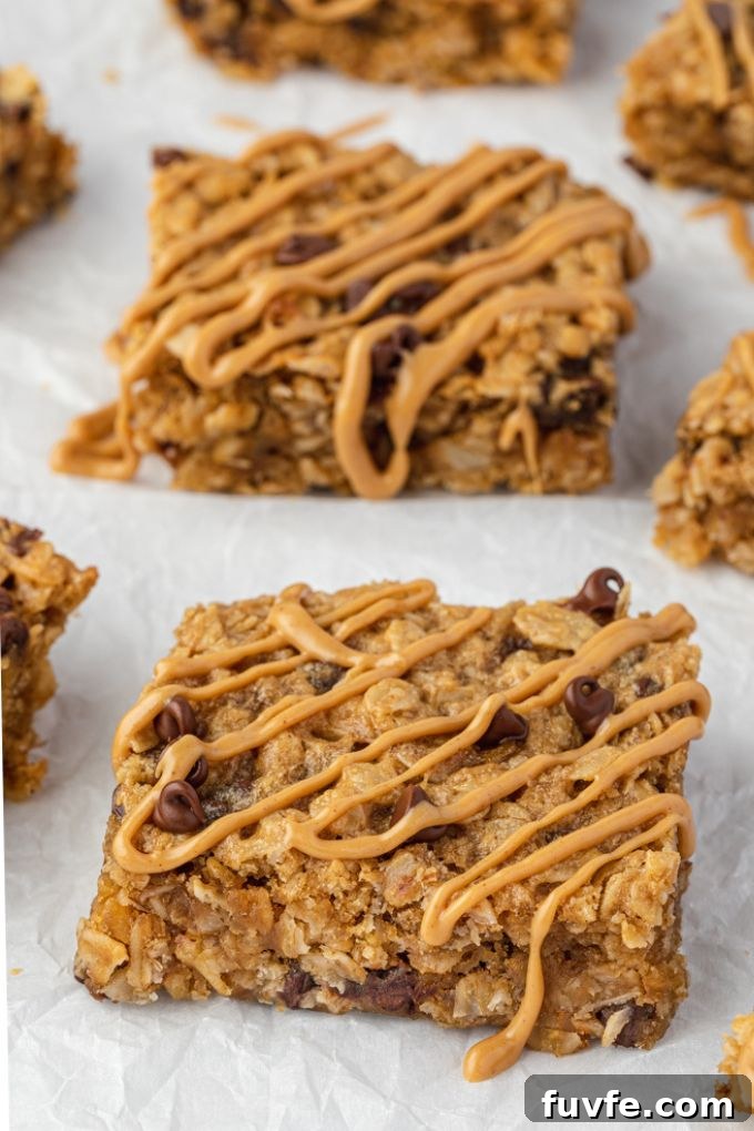 Banana peanut butter oat bars with peanut butter drizzle