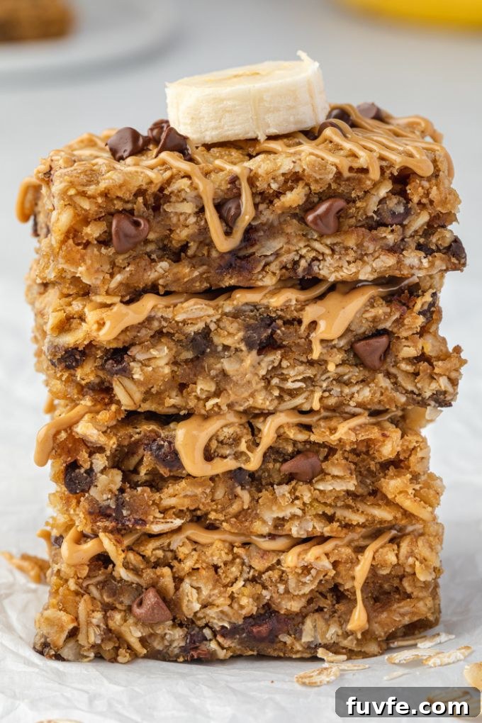 Stack of peanut butter banana oatmeal bars