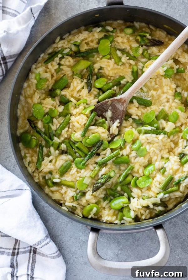 spring risotto in skillet, seen from above