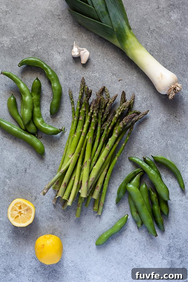 ingredients needed to make risotto with asparagus, leeks, and fava beans