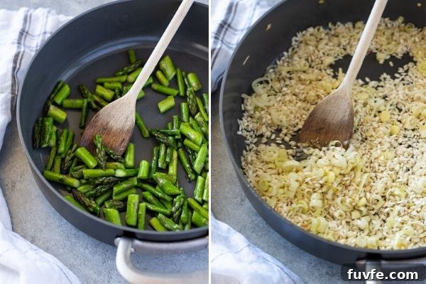spring risotto process collage of sautéed asparagus and toasted arborio rice