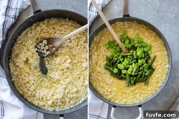 spring risotto process collage of risotto ready for next ladle of stock and before stirring in vegetables