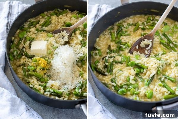 Spring veggie risotto collage before and after stirring in butter, parmesan and lemon