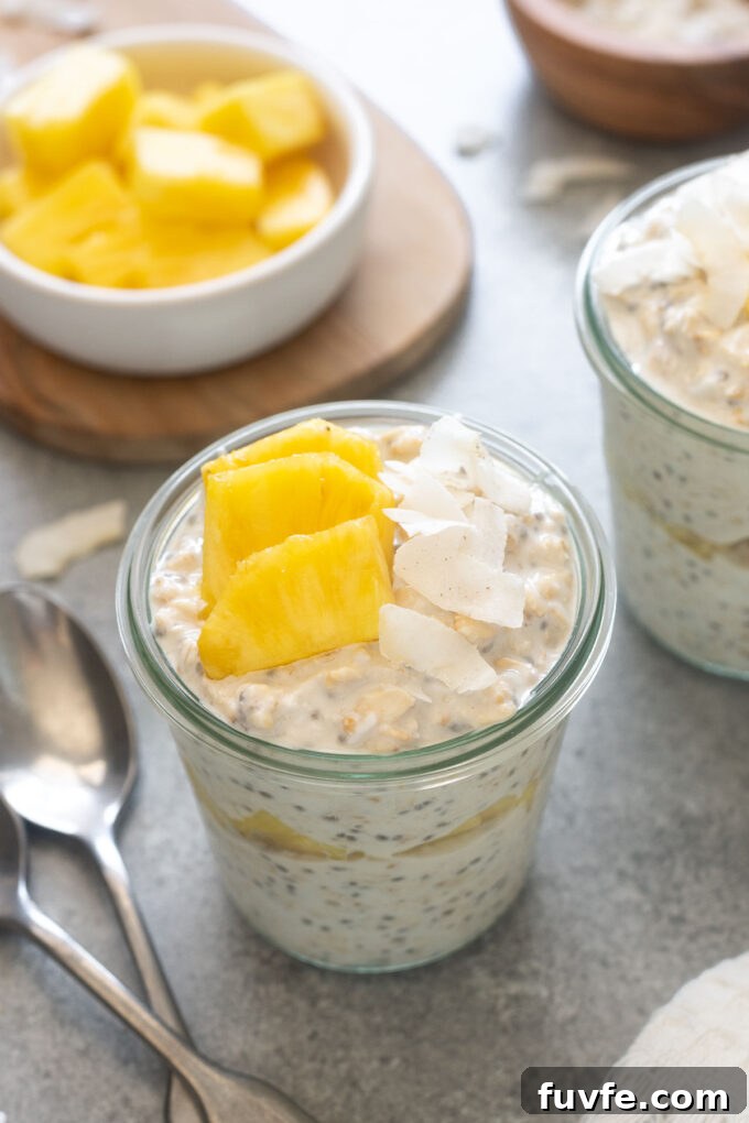 Pina colada overnight oats in jars.