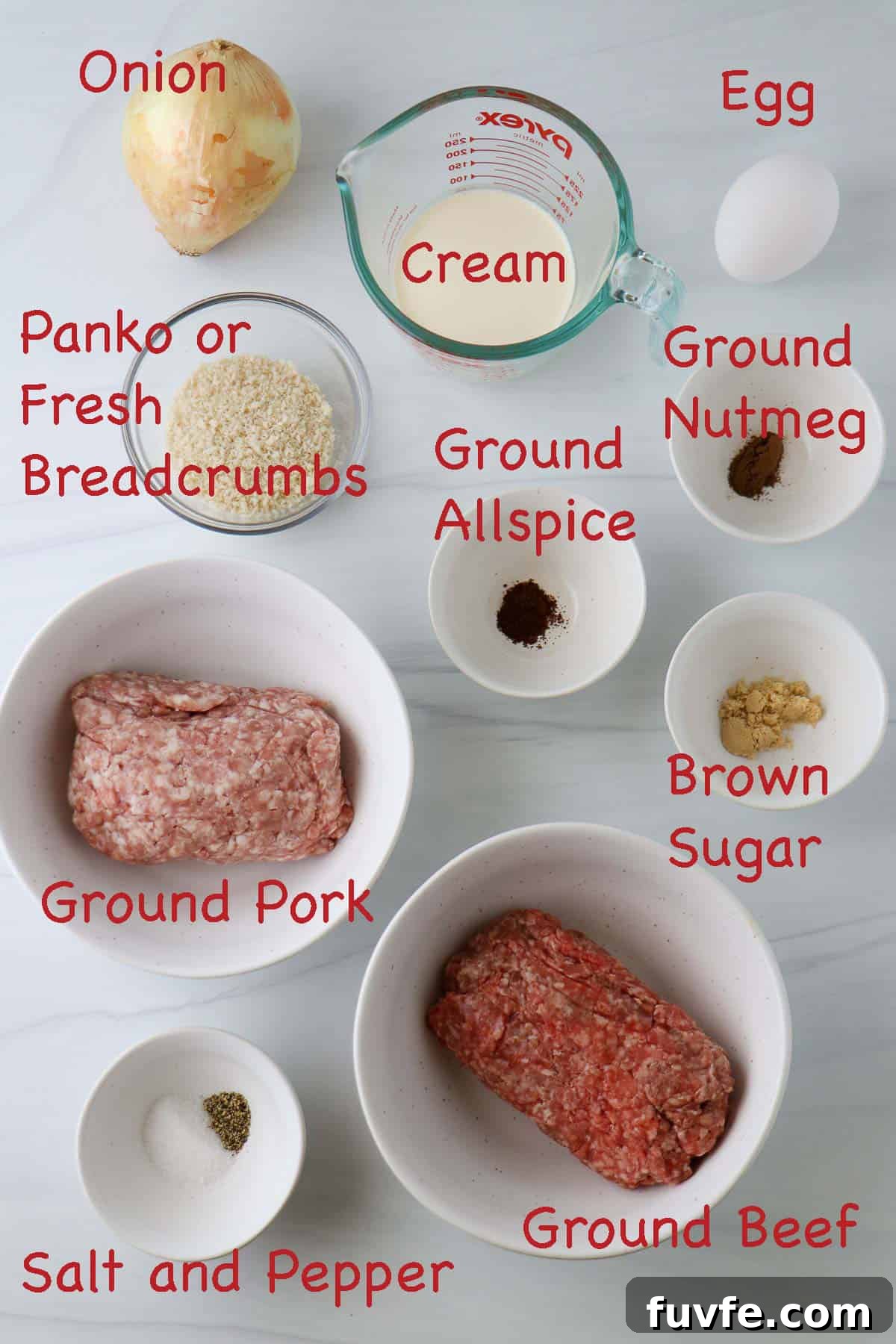 Swedish Meatballs with Classic Creamy Gravy (Köttbullar) 3 Labeled ingredients for Easy Swedish Meatballs with Gravy.