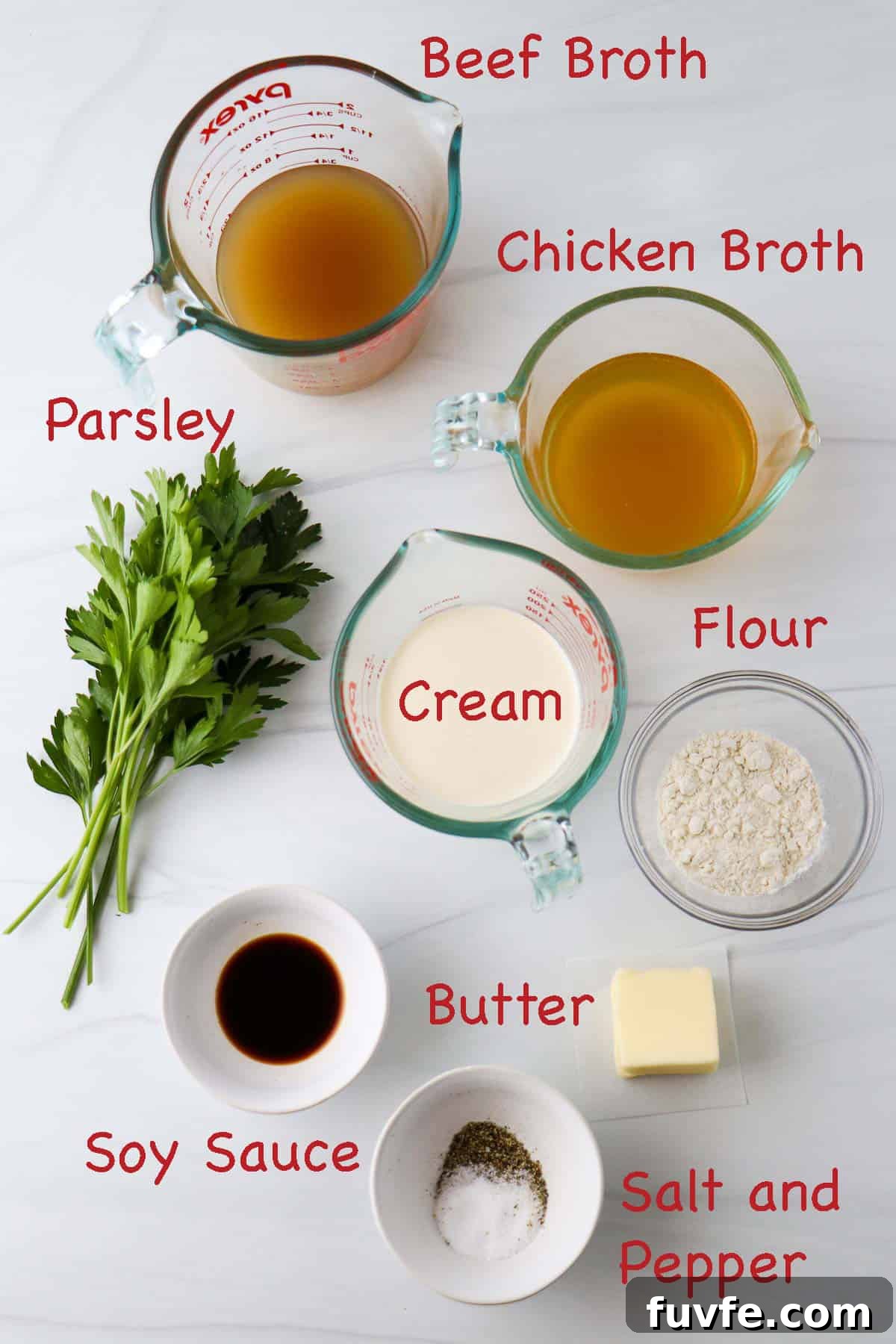 Swedish Meatballs with Classic Creamy Gravy (Köttbullar) 4 Labeled ingredients for Swedish Meatball gravy.