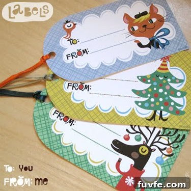 Free gift tags: artistic cat and bird, Christmas tree and decorated reindeer.