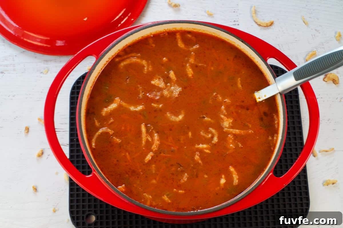 Award-Winning Shredded Carrot Chowder Recipe 8 cooked carrot chowder in an orange Dutch oven with ladle, garnished with crisp onions