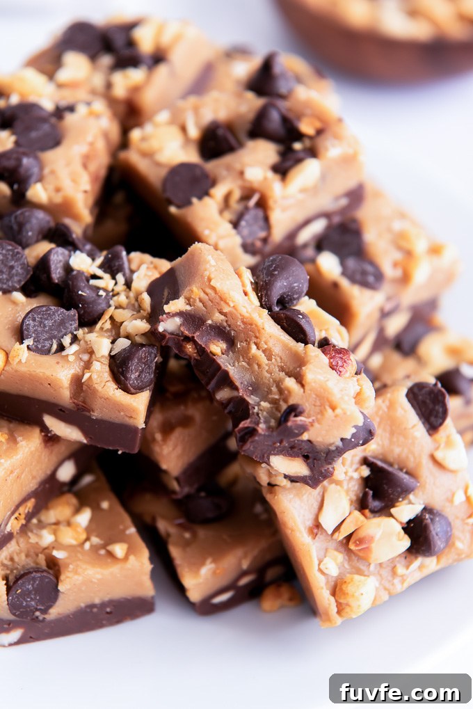 Square of chocolate peanut butter fudge with bite taken out of it