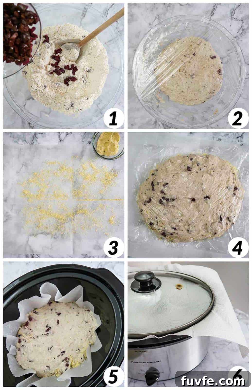 Six panel collage of process shots- combining ingredients, letting sit, and cooking in the slow cooker.