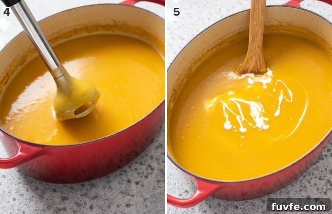 Creamy Butternut Squash, Potato and Leek Soup 5 Pureed butternut squash soup and adding cream collage