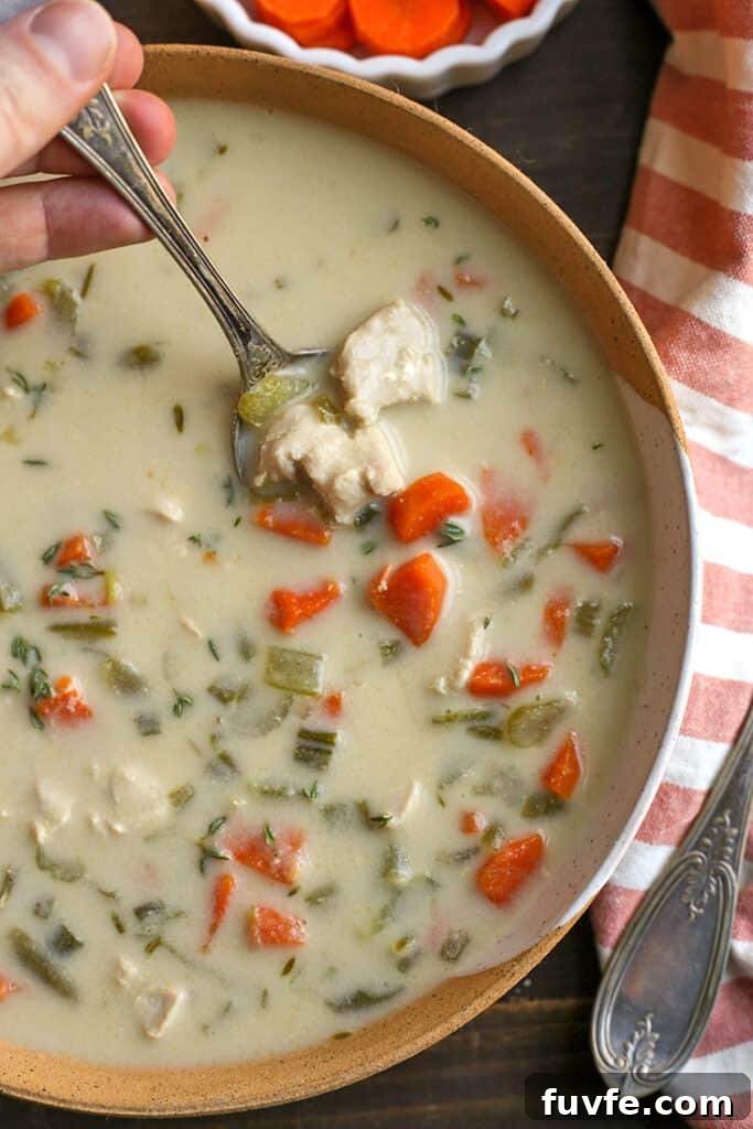 spoon in a bowl of paleo whole30 creamy chicken soup
