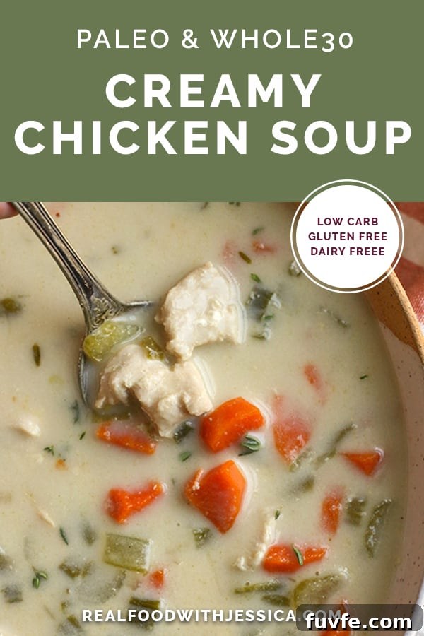 paleo whole30 creamy chicken soup with text 