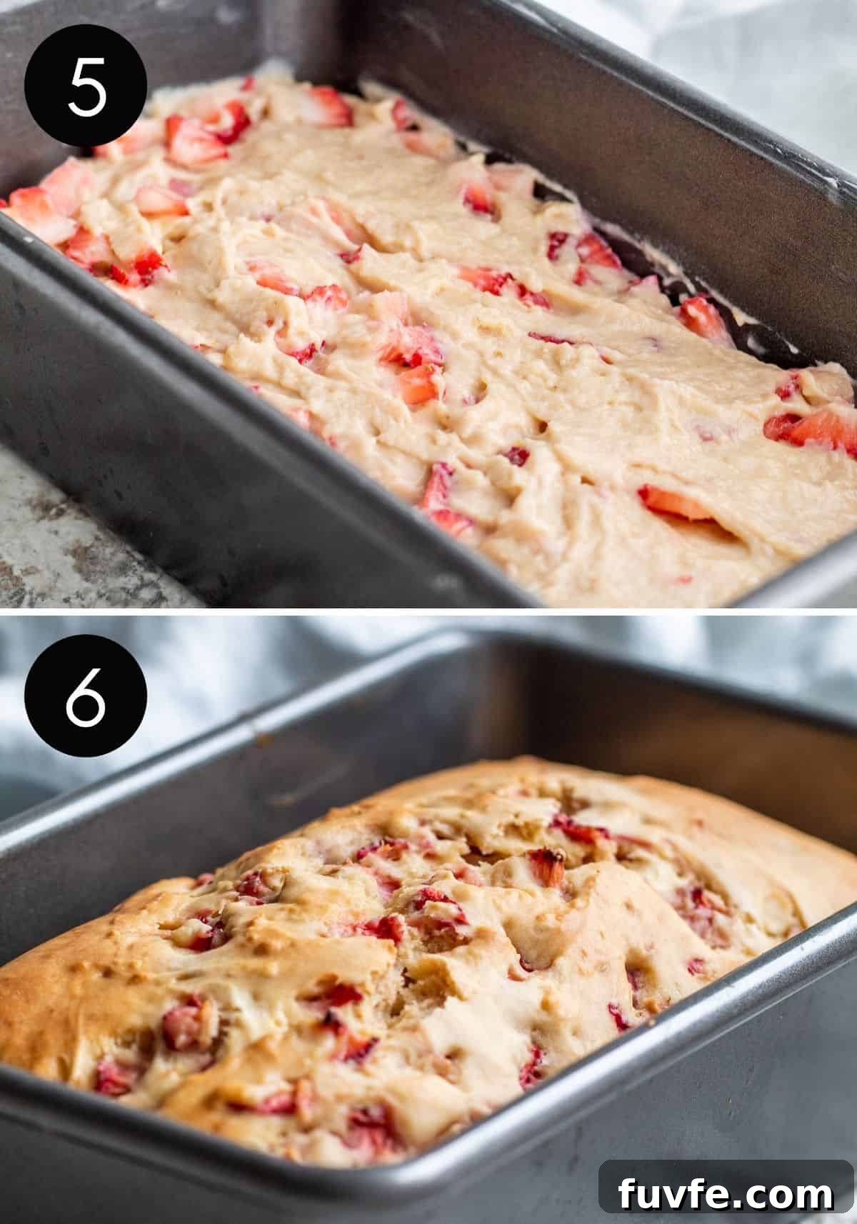 Two image collage with batter being put in pan and finished strawberry bread.