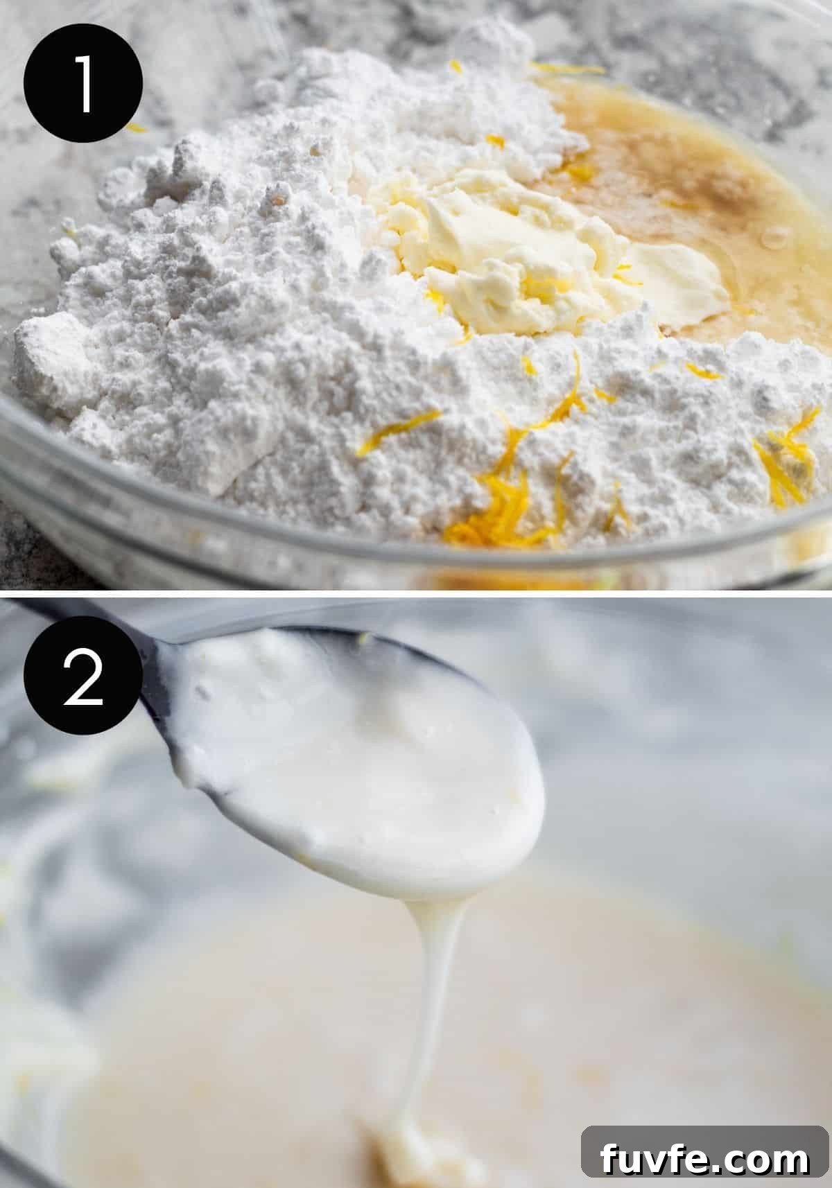 Lemon glaze prep picture collage with two photos of glaze being made in glass bowl.