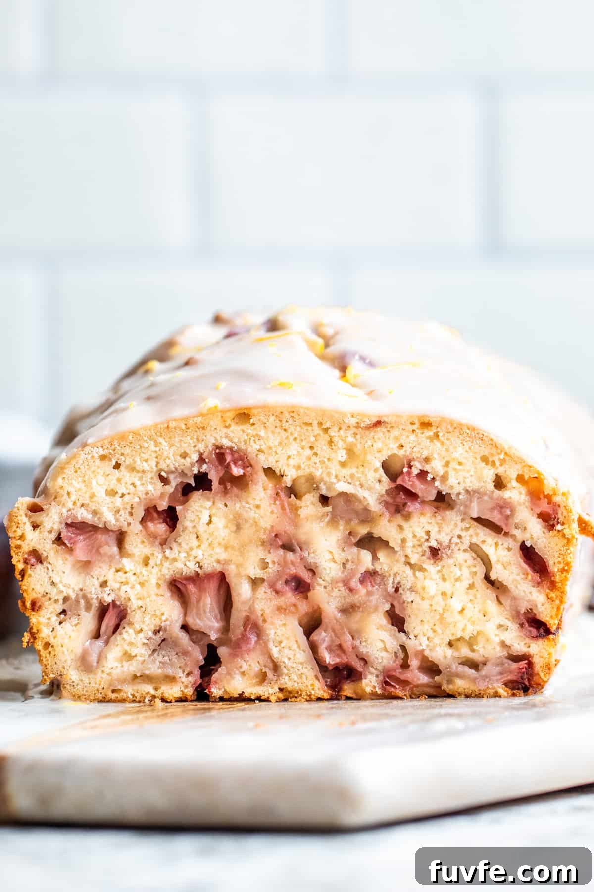 Strait on shot of finished strawberry loaf.