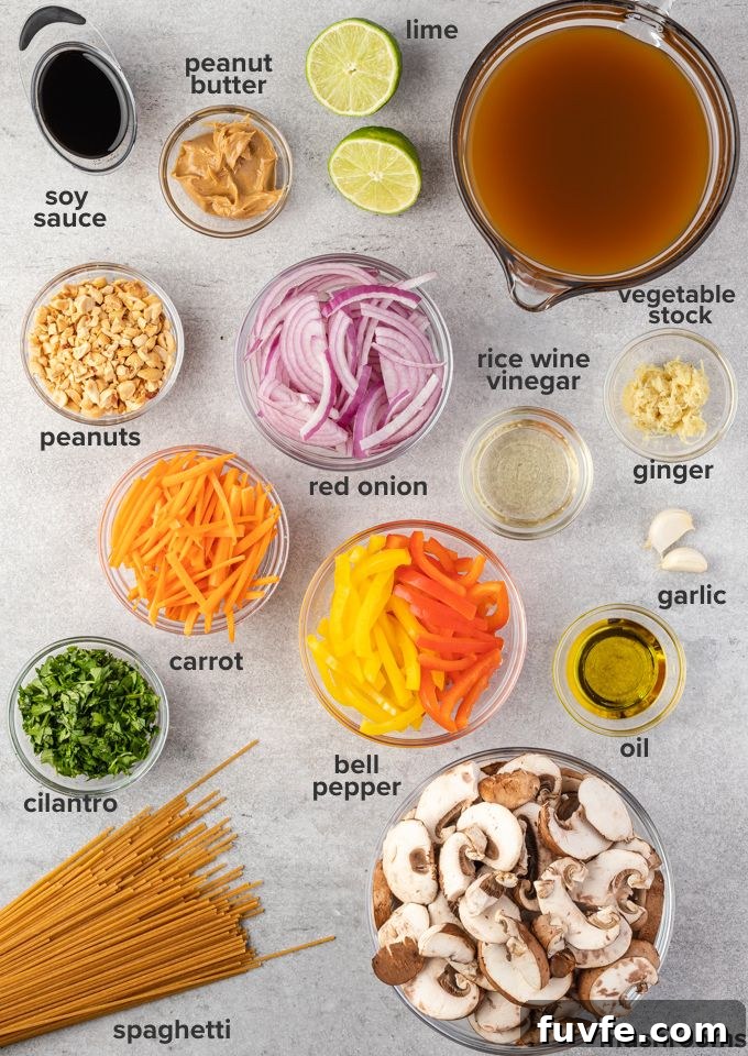 Overhead view of ingredients needed for Thai peanut sauce pasta