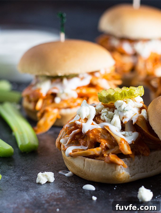 Buffalo chicken sliders with blue cheese and pickle