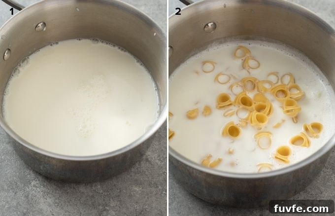 15-Minute Creamy Stovetop Mac and Cheese 5 Collage with boiled milk and pasta for mac and cheese