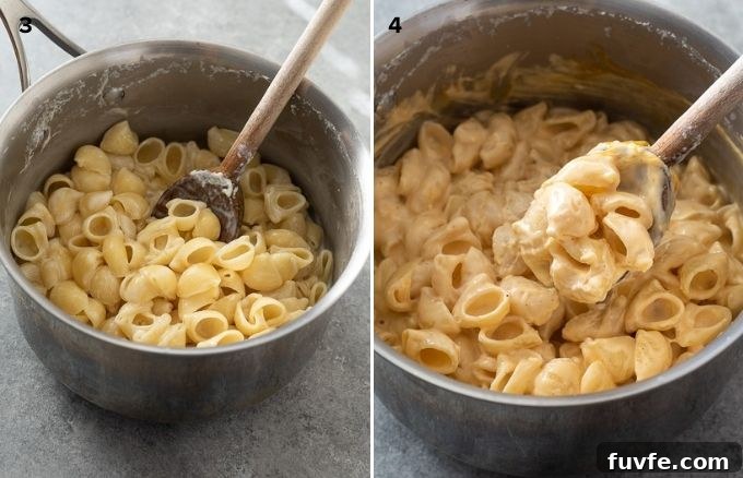 15-Minute Creamy Stovetop Mac and Cheese 6 Collage with pasta in pot before and after adding cheese