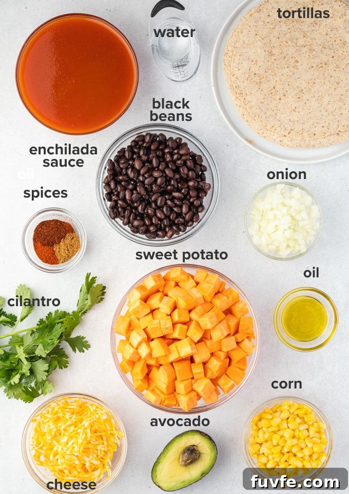 Ingredients for sweet potato and black bean enchiladas