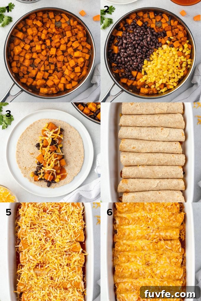 Photo collage showing how to make enchiladas with sweet potatoes