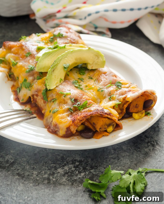 Sweet potato and black bean enchiladas with avocado on top