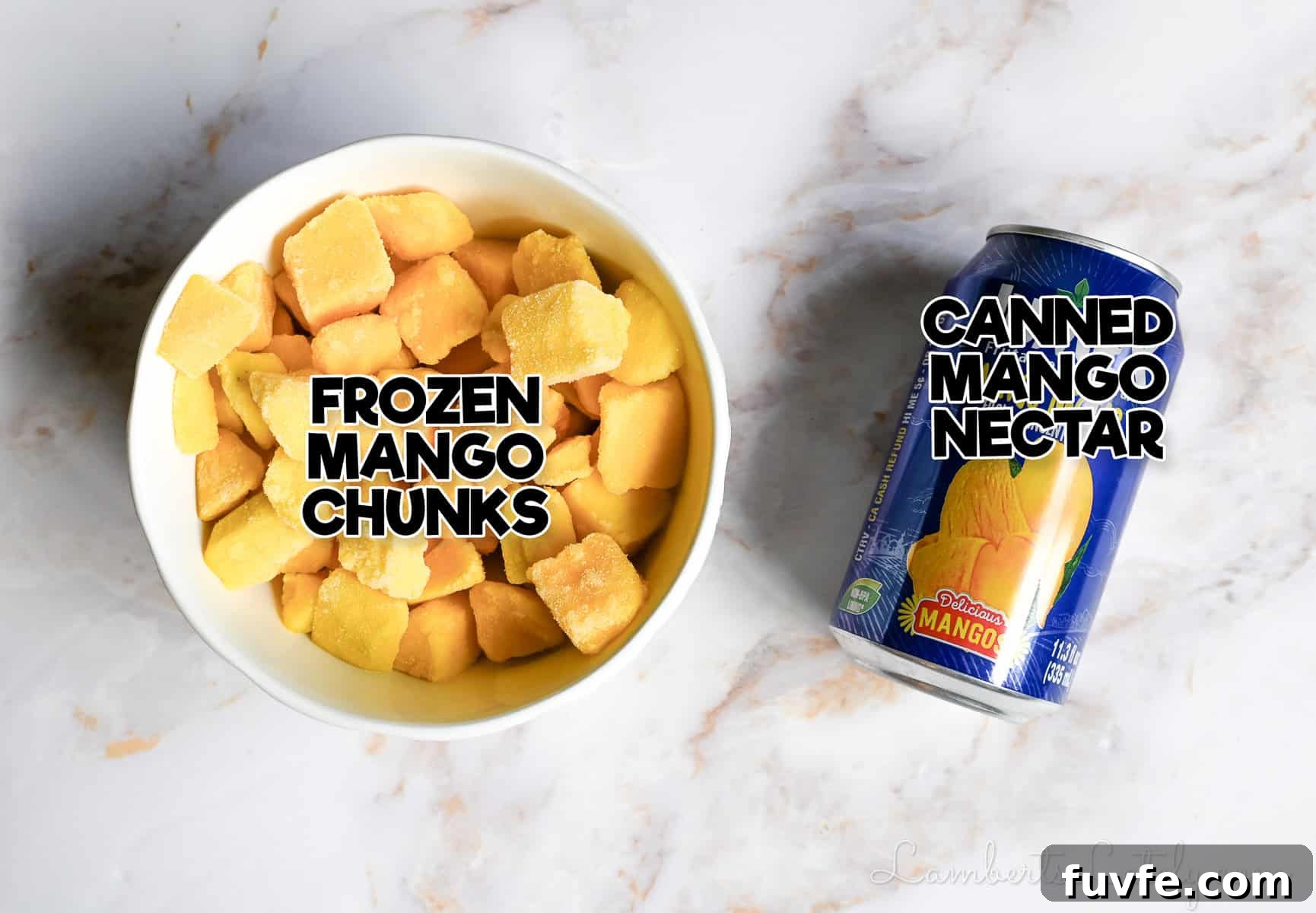 2-Ingredient Mango Sorbet Recipe for Ninja Creami Machines 5 2 ingredients for mango sorbet - frozen mango chunks and canned mango nectar.