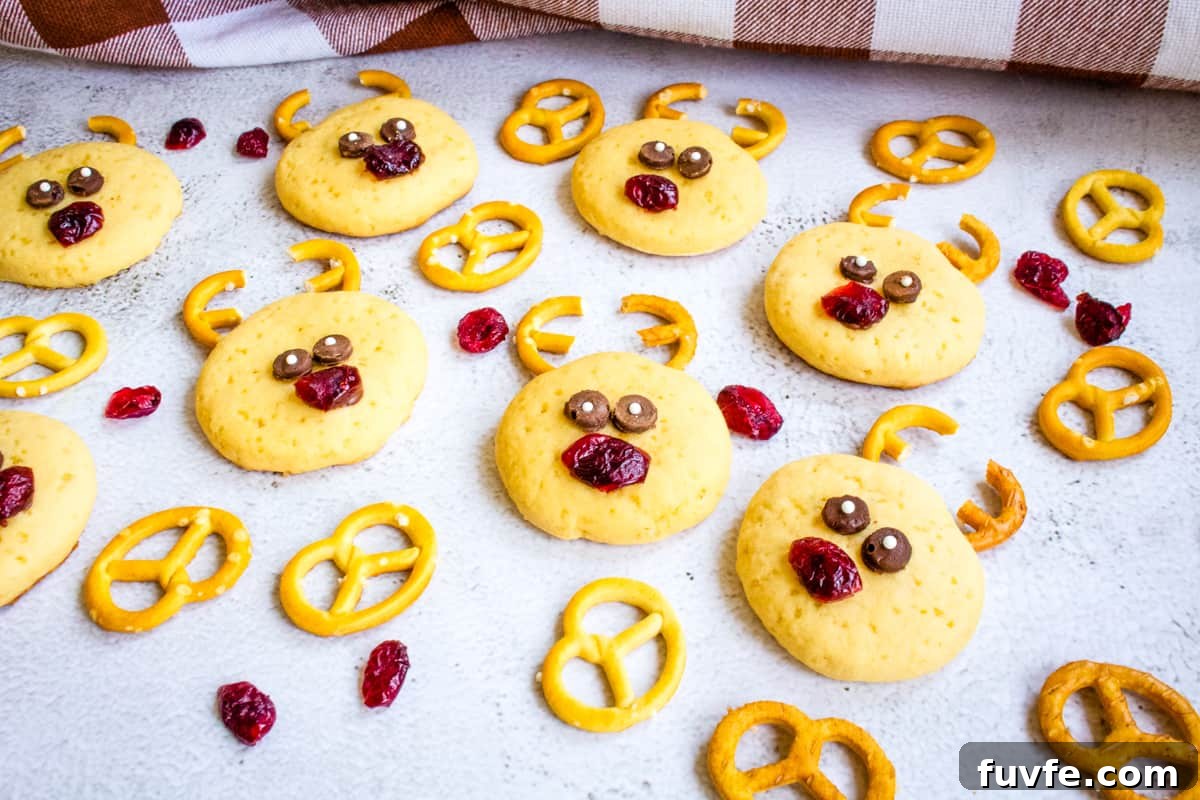 29 Christmas Baking Ideas for Home Bakers Who Love a Busy Oven 26 Peanut butter cookies with a face made of pretzels and dried cranberries to look like a reindeer.