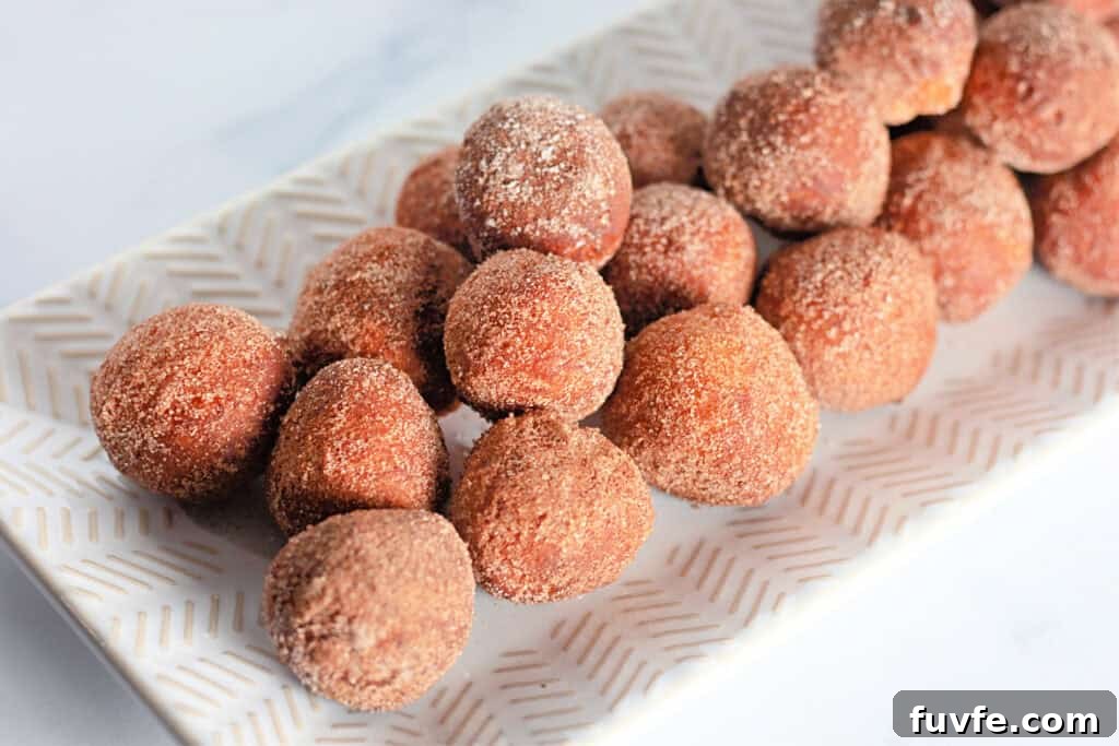 29 Christmas Baking Ideas for Home Bakers Who Love a Busy Oven 10 A rectangular plate holds several round donut holes coated in cinnamon sugar.