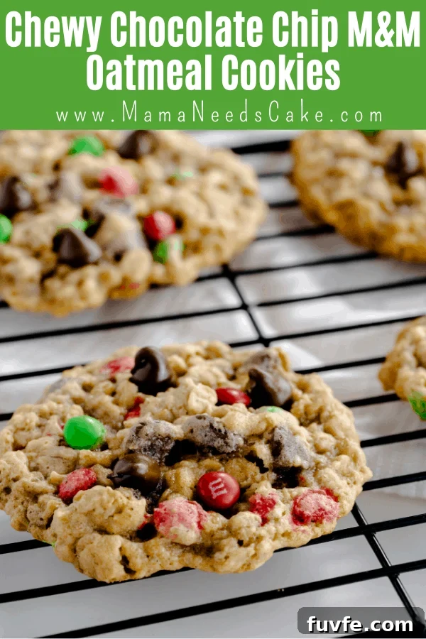 Chewy Chocolate Chip M&M Oatmeal Cookies are easy to make, big, and every bite is chewy!