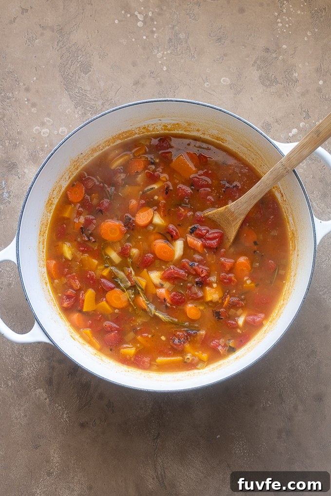 Comforting Autumn Vegetable Soup with Roasted Roots 6 Pot of fall vegetable soup after simmering.