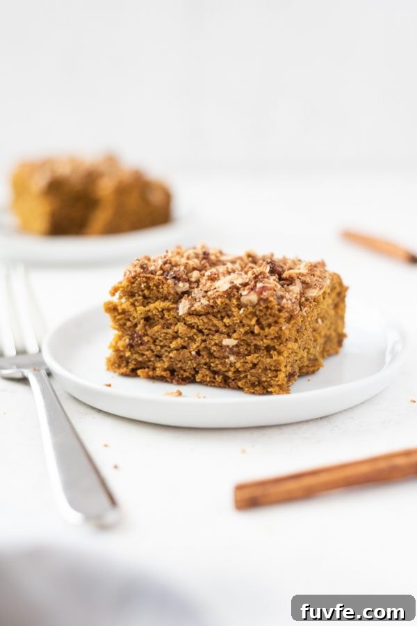 Pumpkin Coffee Cake Recipe with Oat Pecan Streusel 2 Piece of pumpkin coffee cake on a white plate