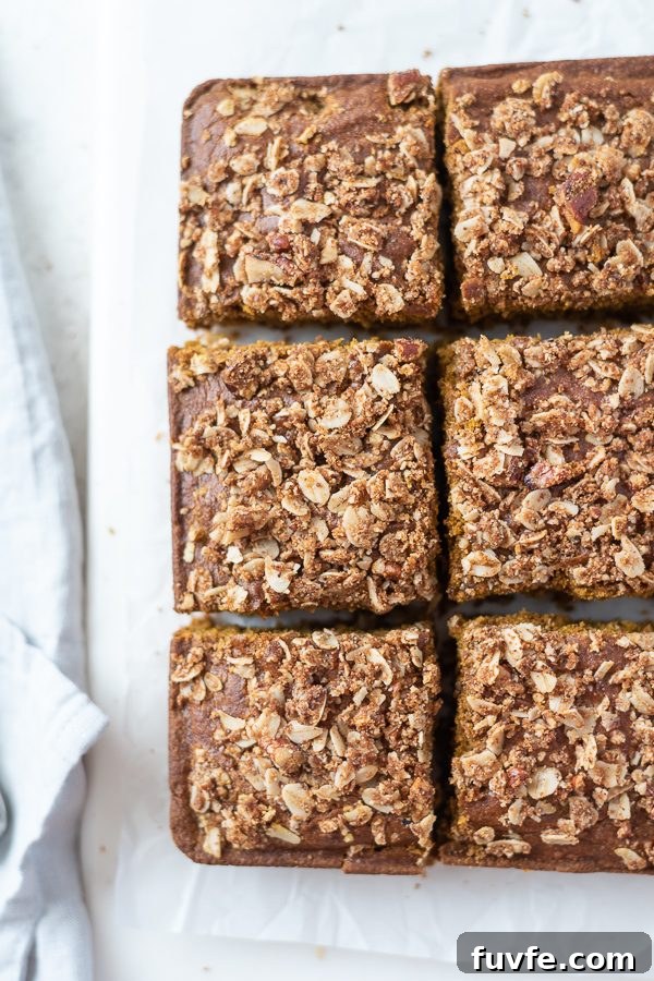 Pumpkin Coffee Cake Recipe with Oat Pecan Streusel 3 overhead shot of pumpkin coffee cake sliced into squares