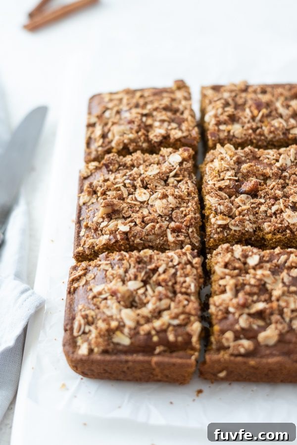 Pumpkin Coffee Cake Recipe with Oat Pecan Streusel 4 front shot of pumpkin coffee cake sliced into squares
