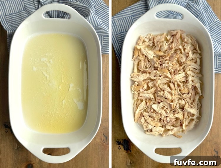 Step on of making chicken cobbler. Melt the butter on the bottom of a large baking dish and top with shredded chicken.