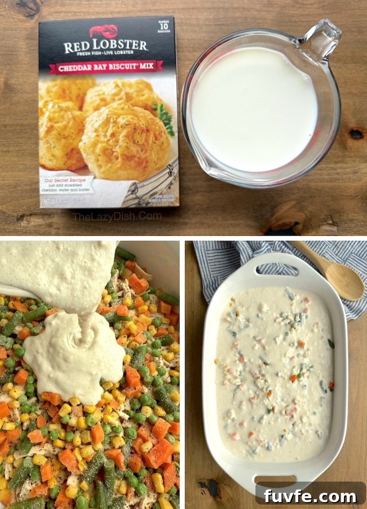 Step by step instructions on how to make the viral chicken cobbler recipe on TikTok.