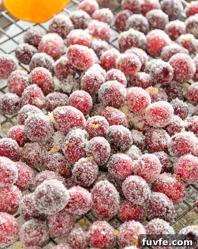 Sparkling Orange Sugared Cranberries Recipe 3 Sugared Cranberries on a wire rack